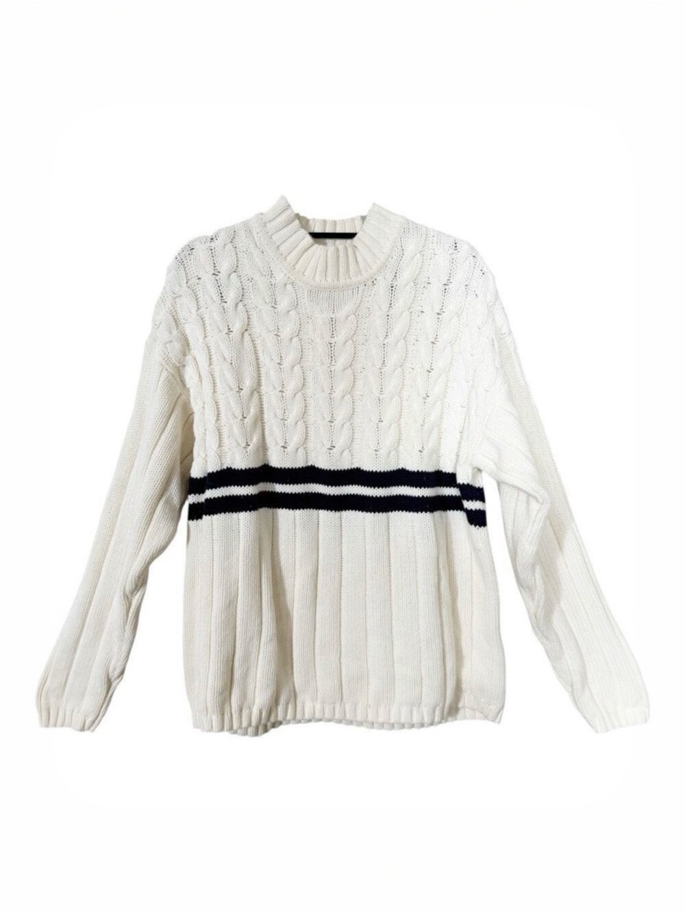 Trader Bay Men’s Vintage Ivory Navy Cable Knit Mock Neck Chunky Sweater Large